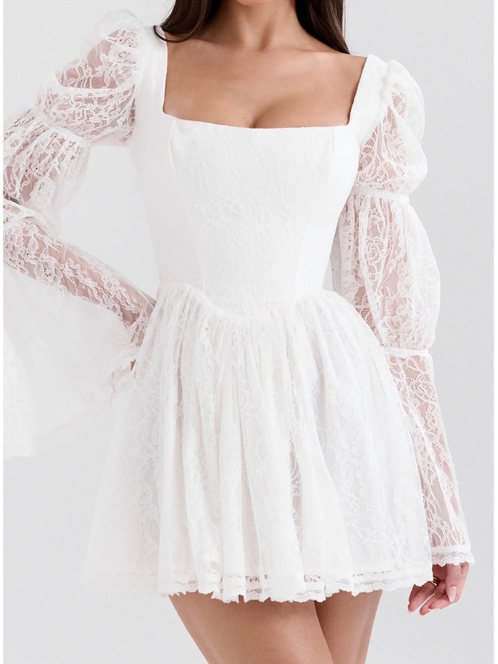 House of CB Sancia Lace Long Sleeve White mini dress with square neck